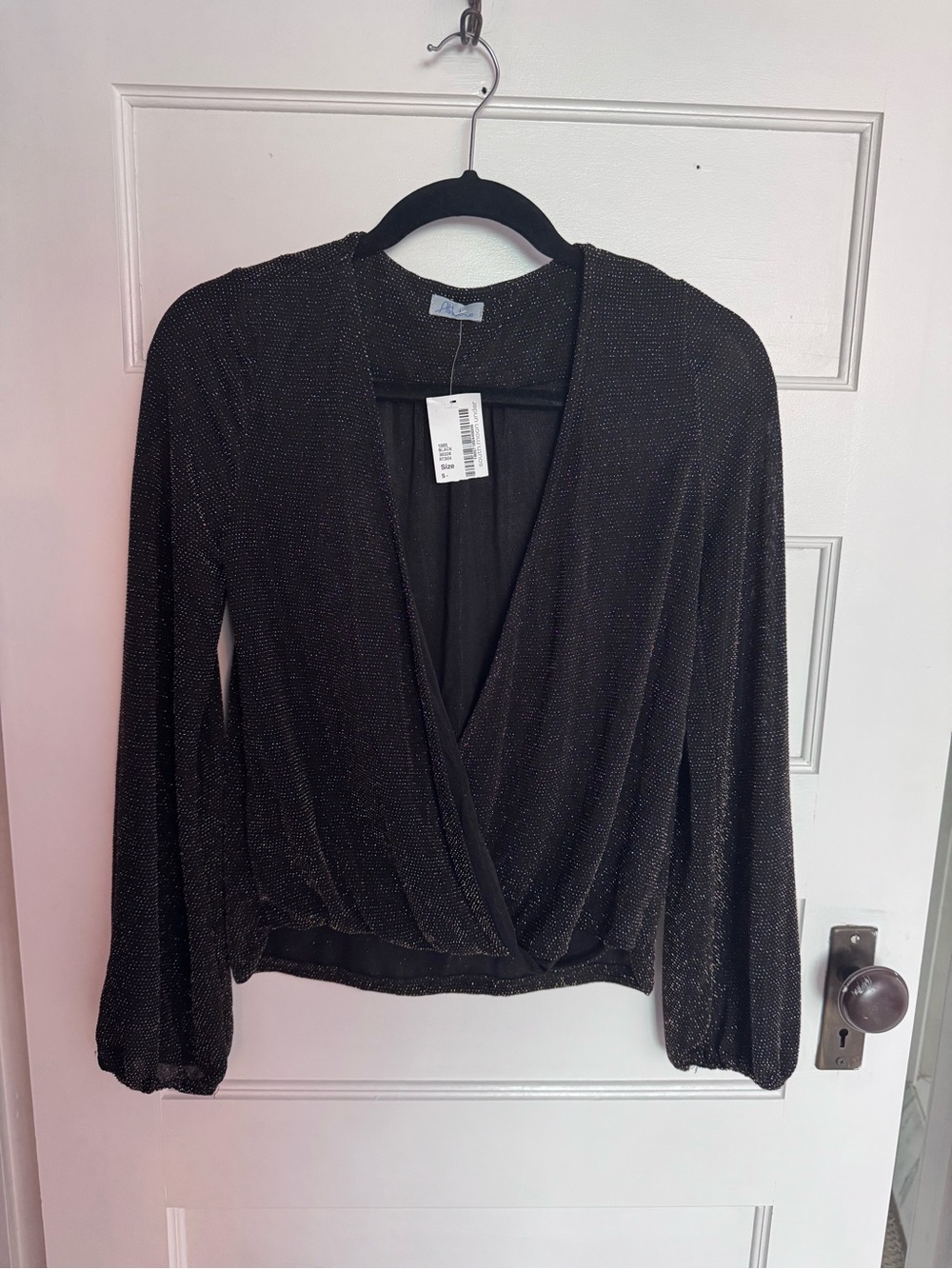 Abbeline Black Metallic Wrap Blouse NWT